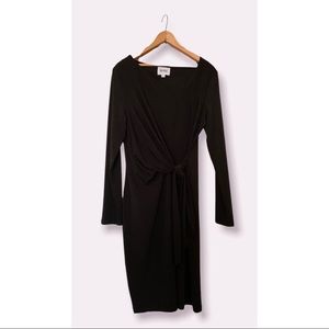 Leota Knit Asymmetrical Neckline Faux Wrap Tie Waist Black Dress Size L